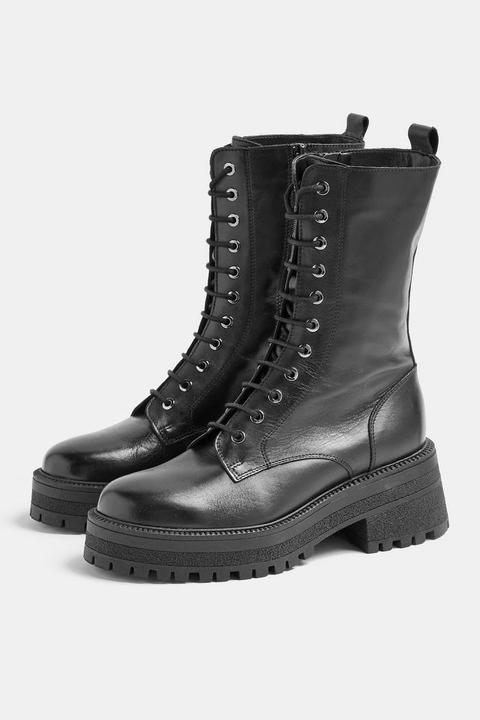 Amy Black Chunky Calf Lace Up Leather Boots