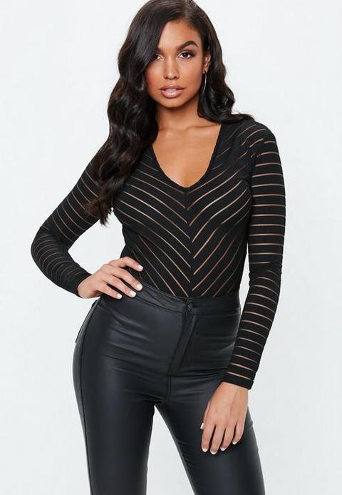 Black Long Sleeve Mesh Chevron Bodysuit, Black