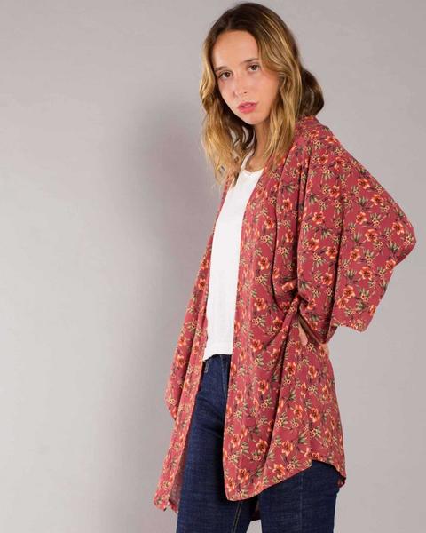 Kimono Fluido Estampado Flores Burdeos