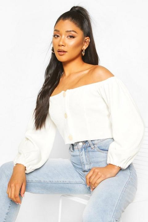 Crop Top Bardot En Maille Boutonné - Blanc Cassé - L, Blanc Cassé