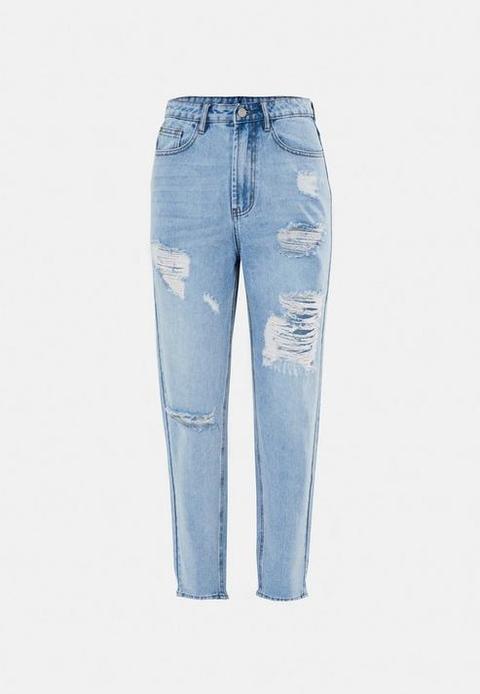 Blue Highwaisted Distressed Thigh Mom Jeans, Blue