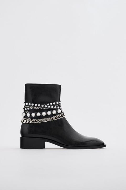 Flat Ankle Boots With Pearl Beads And Chains