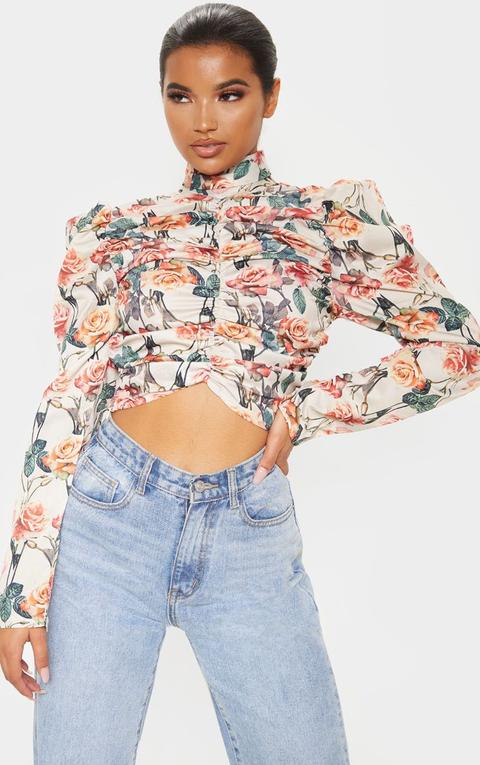 White Floral Printed Ruched High Neck Top