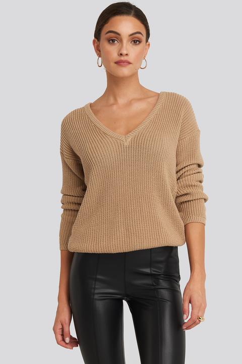 Deep Front V-neck Knitted Sweater Beige