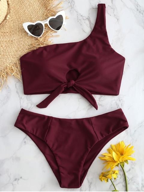 Conjunto De Bikini Anudado En Un Solo Hombro Red Wine