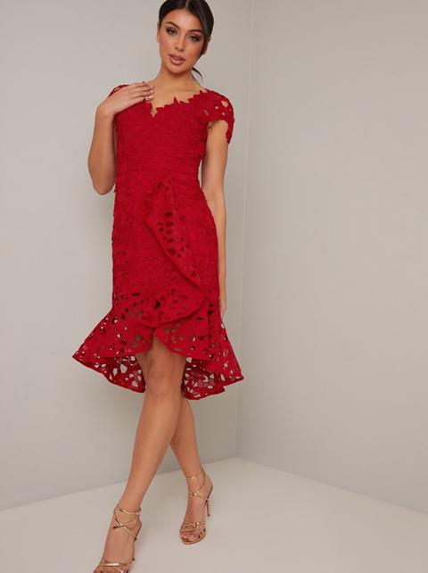 Lace Cap Sleeved Ruffle Midi Dress In Red