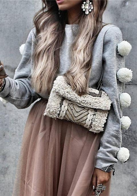 Felpa Palla Di Volto Collo Rotondo Moda Maniche Lunghe Pullover Grigio