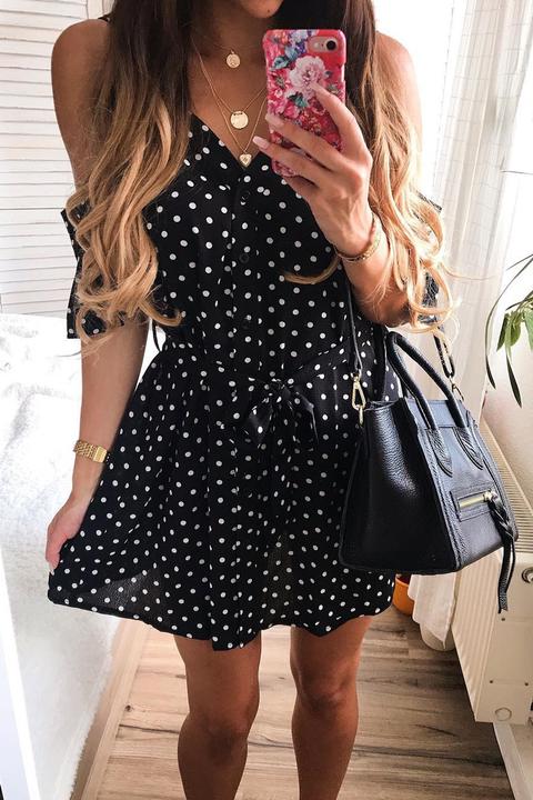 Black Polka Dot Cold Shoulder Dress - Sarabella