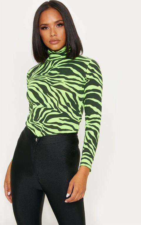 Neon Lime Zebra Printed High Neck Top