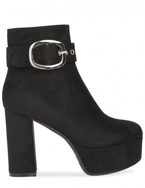 Buggin' Buckle Detail Platform Heeled Ankle Boots In Black Faux Suede