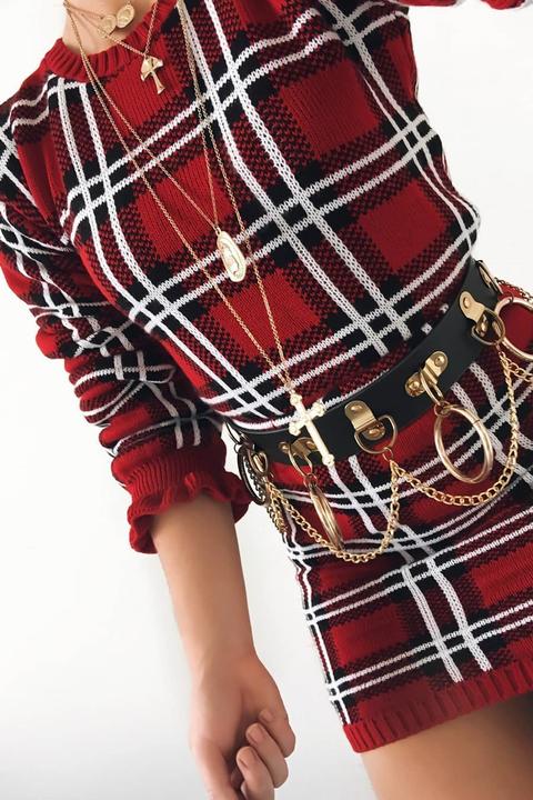 Red Tartan Frill Cuff Knit Jumper - Jarae