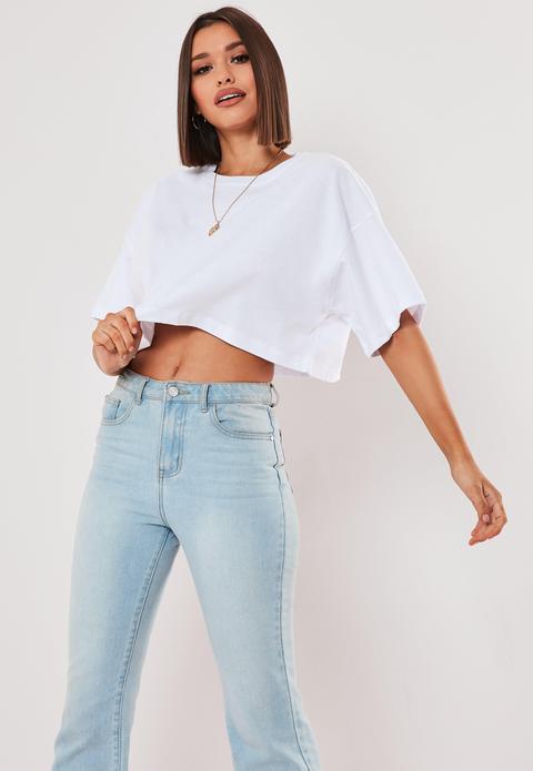 Crop Top Oversize Blanc À Épaules Tombantes