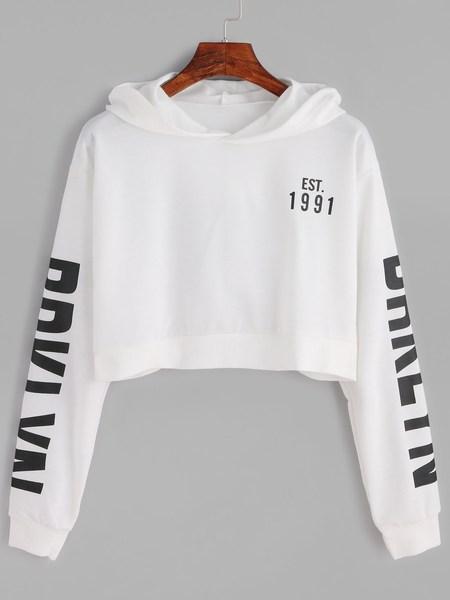 Sudadera Corta Con Estampado De Letra Y Capucha - Blanco