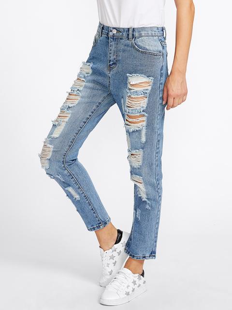 Distressed Ripped Straight Jeans