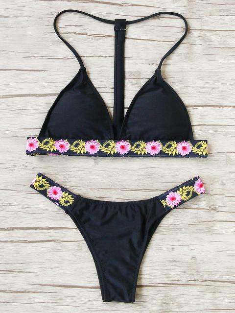 Nero Con Stampa Floreale Triangolo Bikini