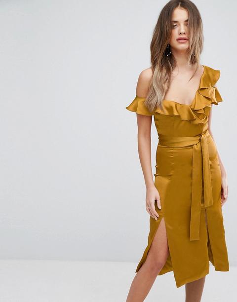 Lavish Alice Gold Satin Asymmetric Frill Midi Dress