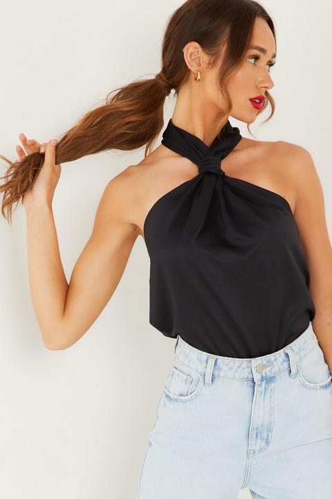 Black Satin Halterneck Top