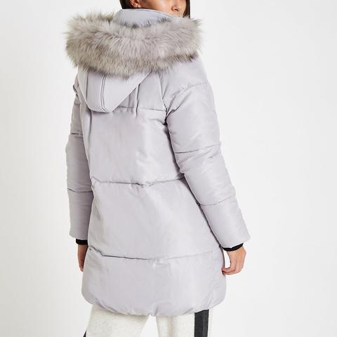 grey faux fur trim longline puffer jacket