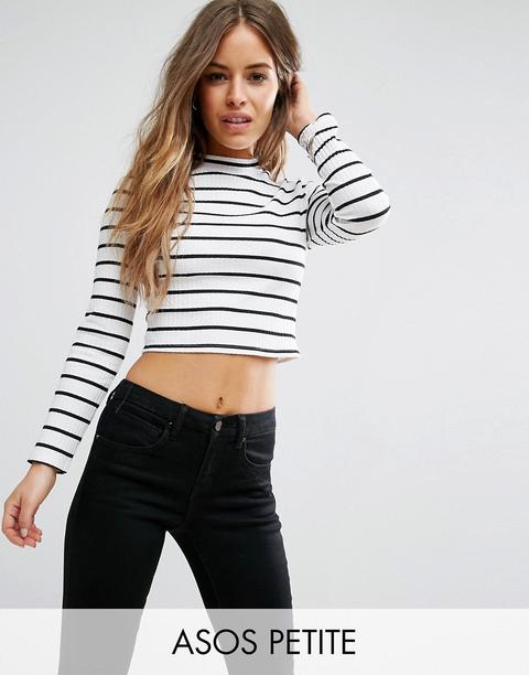 Asos Petite - Top Corto A Coste E A Righe Con Maniche Lunghe - Bianco