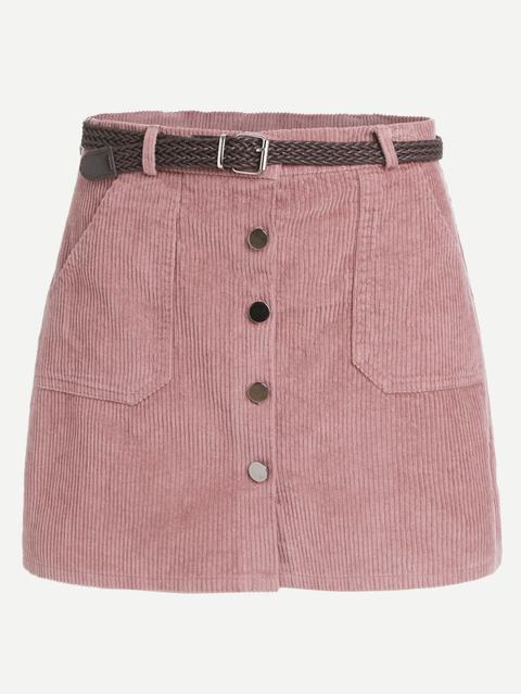 Pink Corduroy Single Breasted Pockets Skirt With Belt