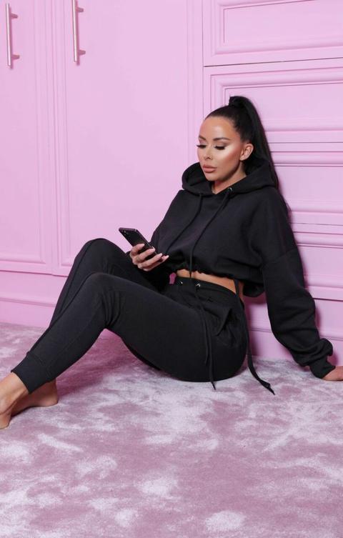 Black Boxy Cropped Hoodie Cuffed Joggers Loungewear Set - Cailleigh