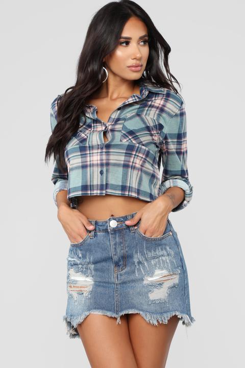 Lounge Lover Cropped Plaid Top - Sage/combo