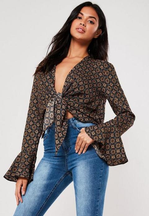 Black Floral Print Knot Front Blouse, Multi