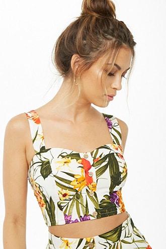Forever 21 Tropical Print Crop Top , Ivory/green