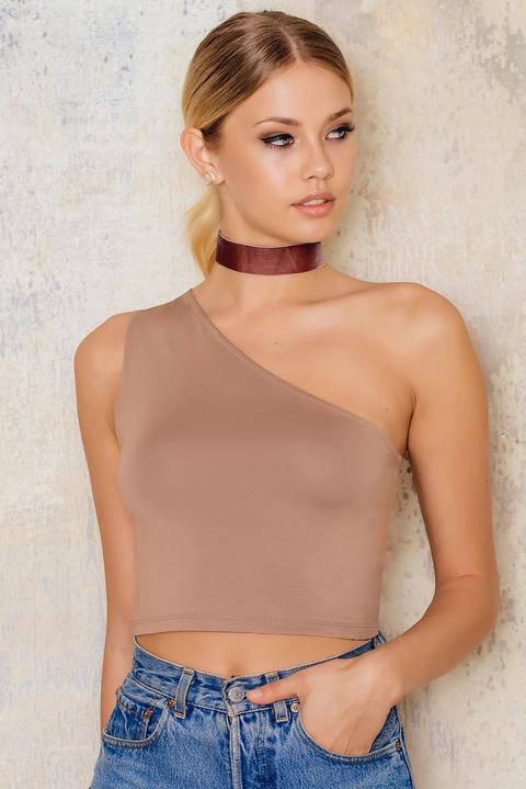 One Shoulder Cropped Jersey Tank Beige