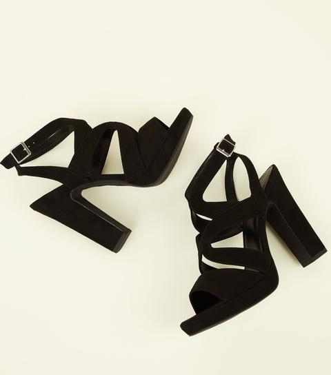 Black Suedette Strappy Platform Block Heels New Look Vegan