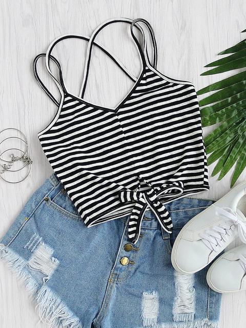 Striped Knot Front Criss Cross Cami Top