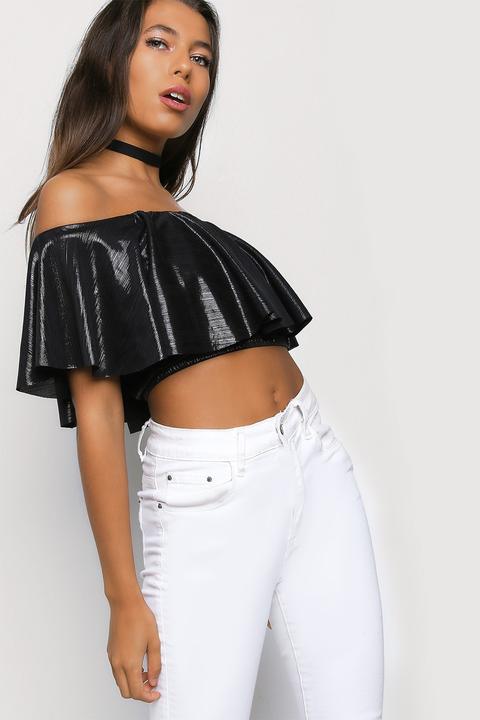 Black Metallic Frill Bardot Crop Top