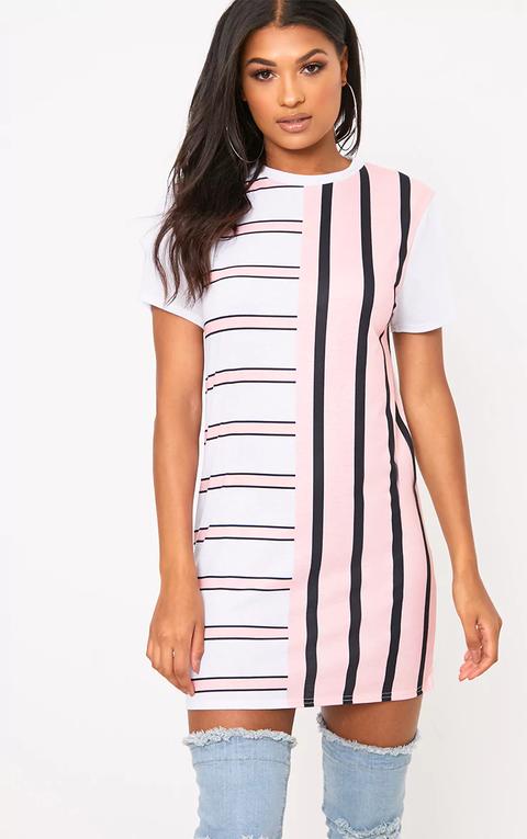 Pink Contrast Stripe T Shirt Dress, Pink