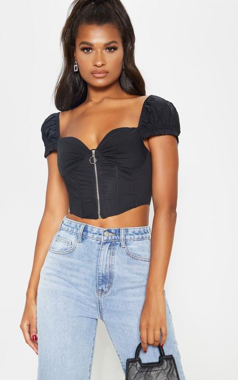 Black Zip Front Puff Sleeve Top