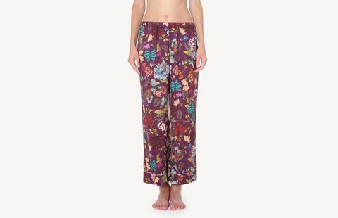 Pantalone In Raso Di Viscosa Stampa Fiori Prugna