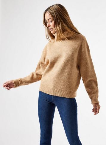 Womens Camel Cowl Neck Knitted Jumper, Camel