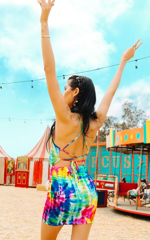 Multi Tie Dye Strappy Back Bodycon Dress
