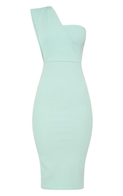 mint one shoulder draped midi dress