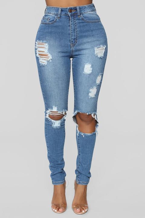 Get With It Distressed Jeans - Medium Blue Wash