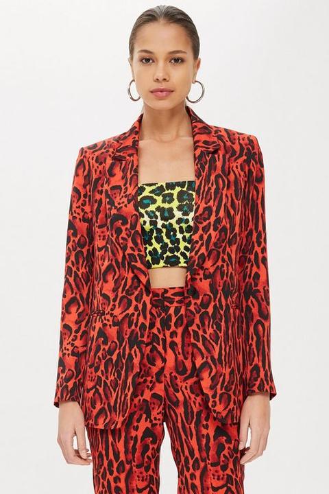 Womens Leopard Print Suit Jacket - Red, Red