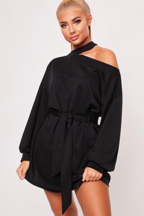 Briony Black Choker Neck Tie Sweater Dress