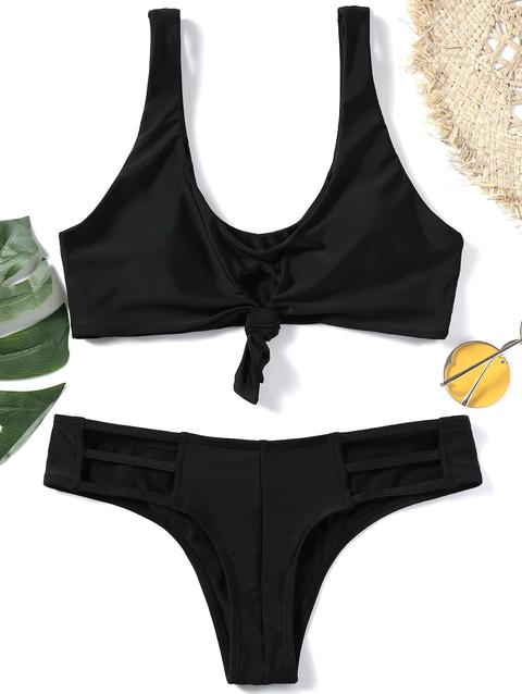 Bikini Annodato Tagliato Con Scollo Profondo Black