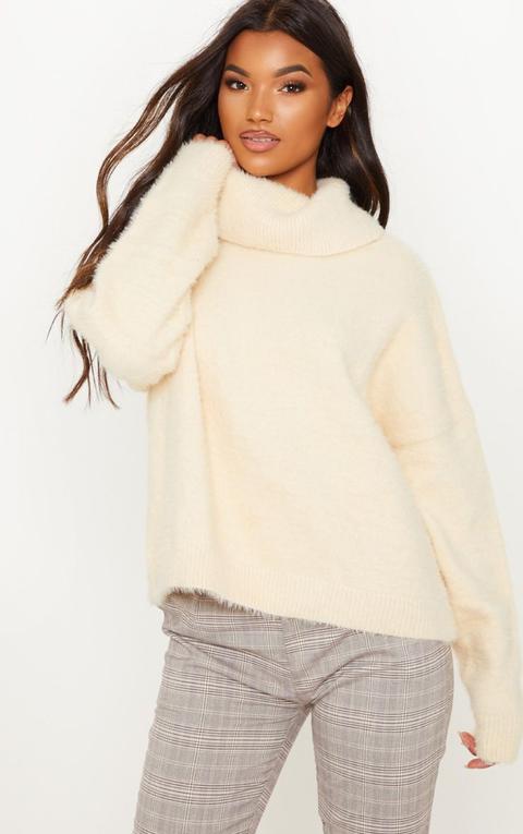 Cream High Neck Eyelash Knitted Jumper