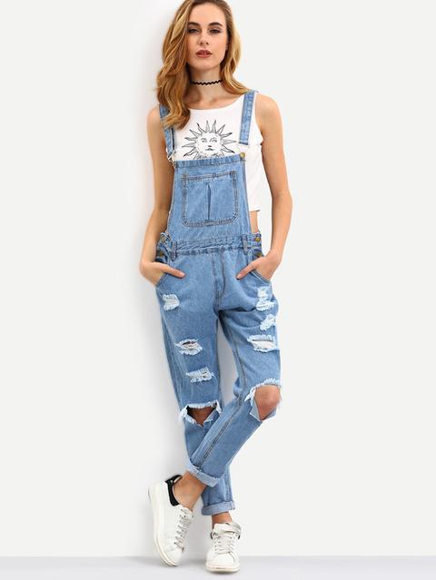 Jumpsuit Denim Strappati Cinturini - Blu