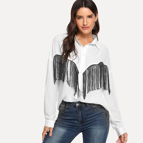 Blusa Con Diseño De Fleco Con Cuentas