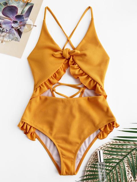 Costume Da Bagno Con Intaglio A Costine Con Cuciture A Costine Orange Gold