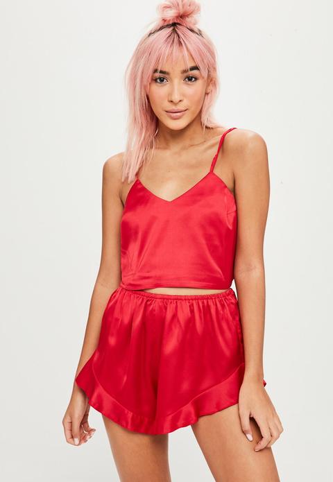 Red Satin Cami Pyjama Shorts Set, Red