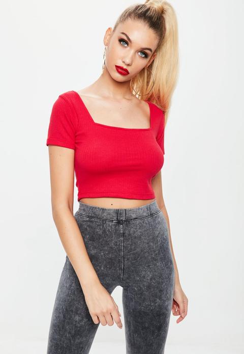 Petite Red Square Neck Ribbed Crop Top, Red