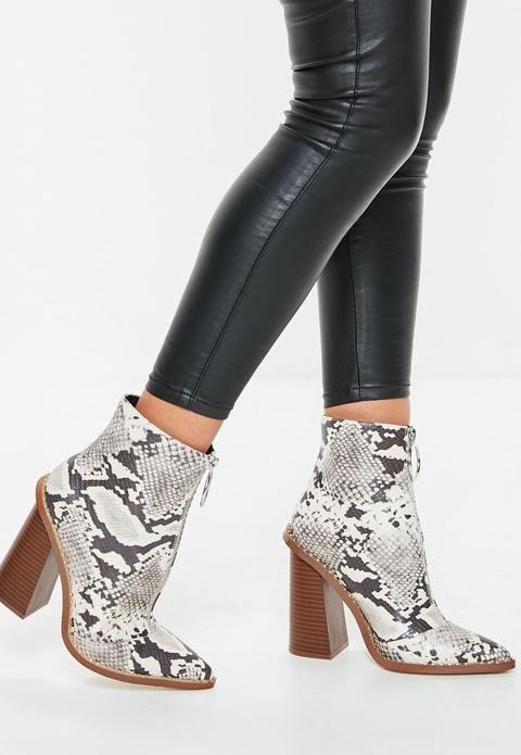 Gray Snake Print Zip Front Ring Pull Boots