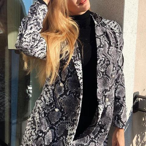 Grey Snake Print Pearl Button Double Breasted Blazer